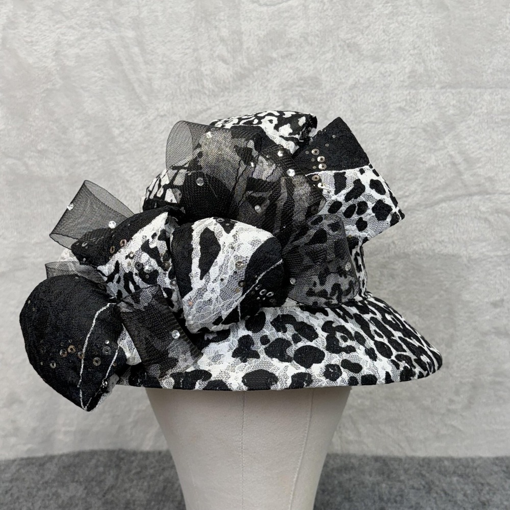 NIGHT STUDIO Hat Cloche Womens Church Kentucky Derby Black Animal‎ Print Sequin
